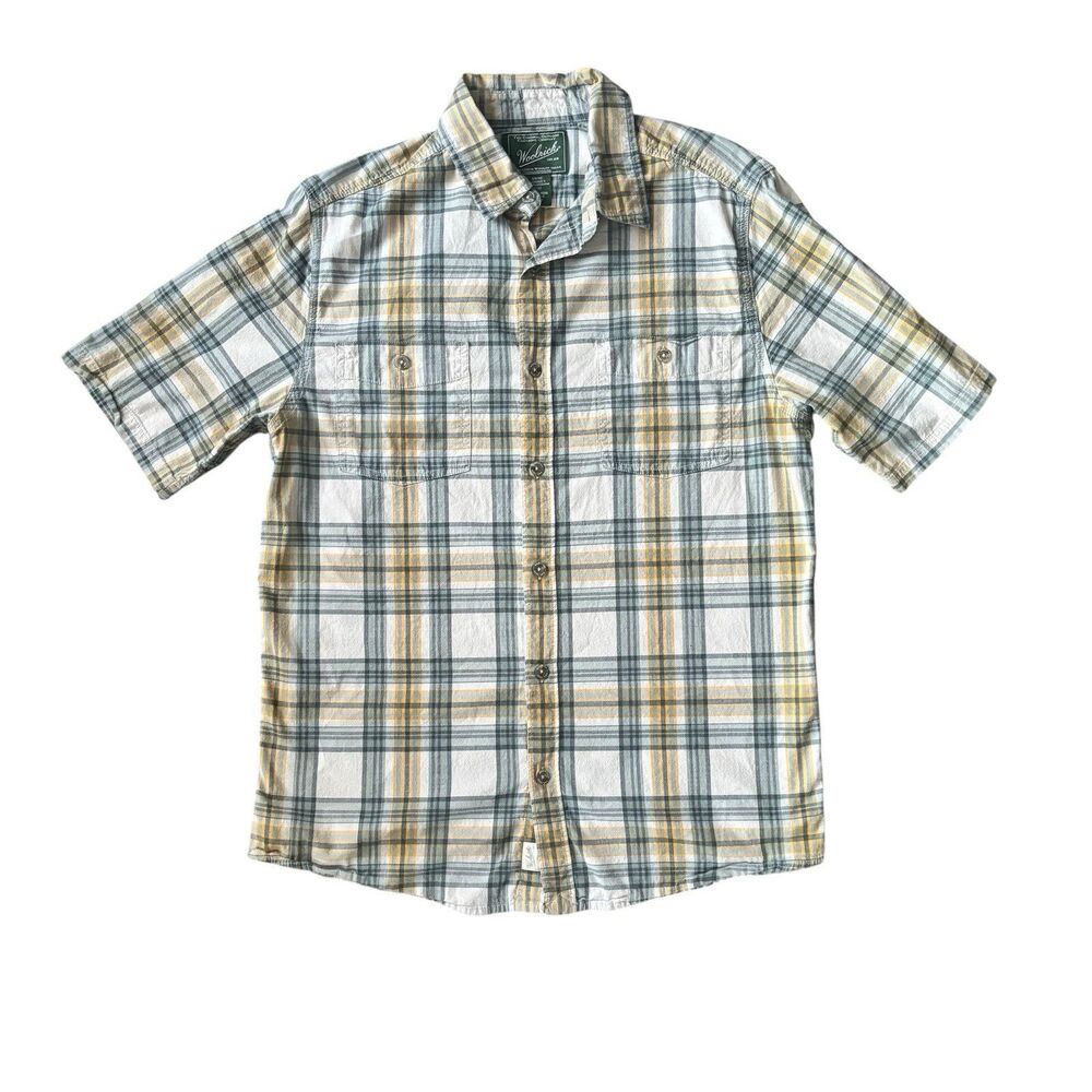 Woolrich Mens Gray White Yellow Plaid Short Sleeve Button Down Shirt Size Medium